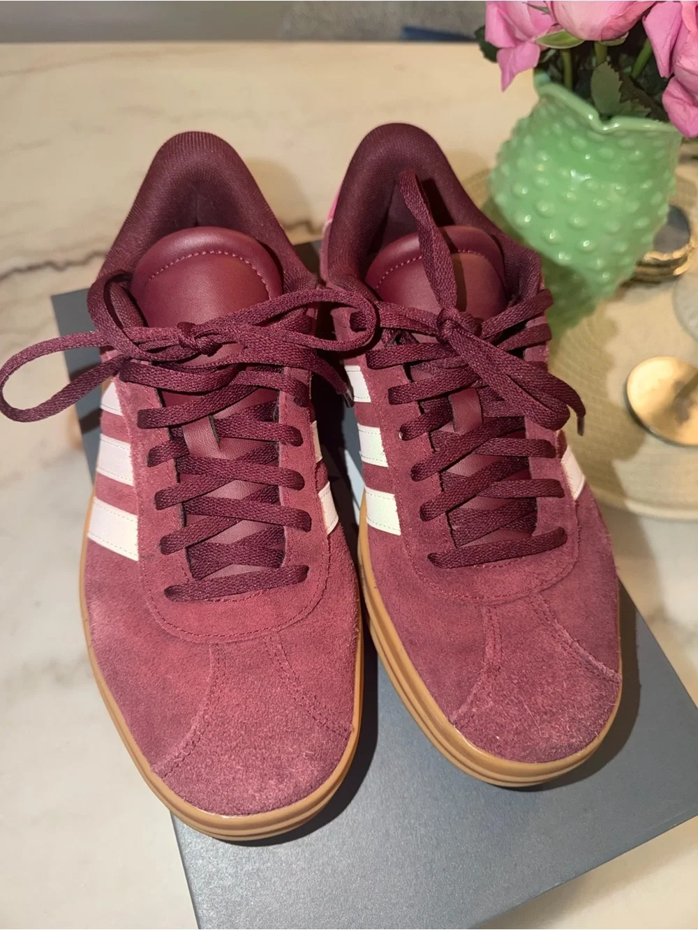 adidas court Women’s Burgundy Suede Platform Sneaker with Pink Heel